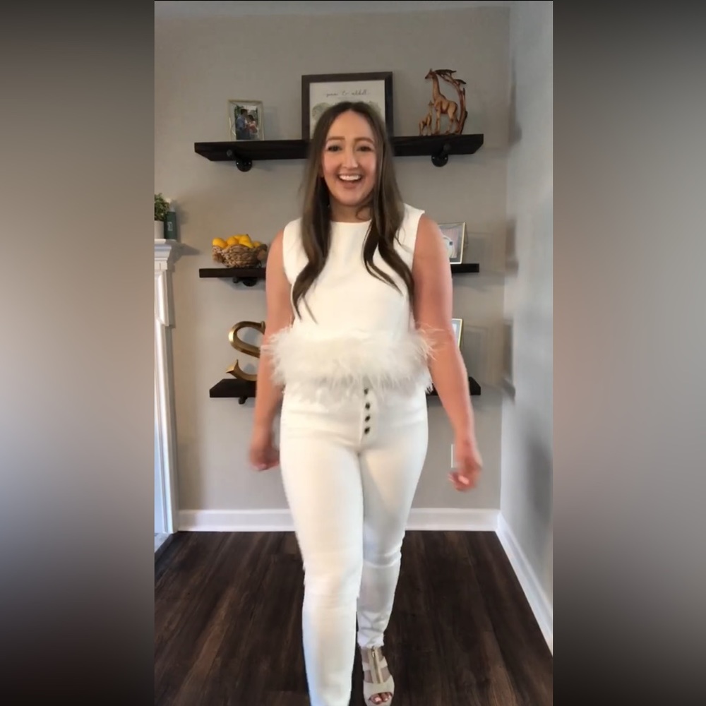 Shop the Mint Cropped Feather Trim Blouse